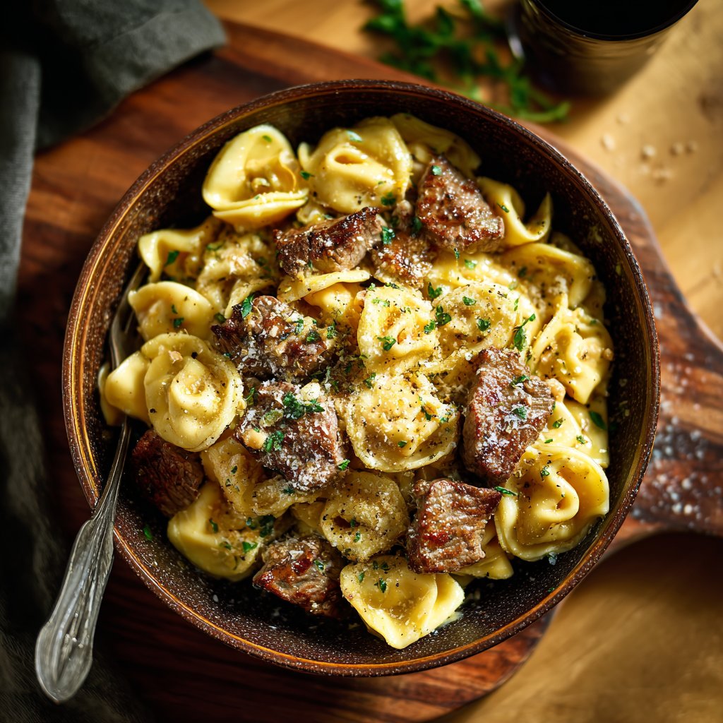 Knoblauch Steak Tortellini mit karamellisiertem Knoblauchbutter