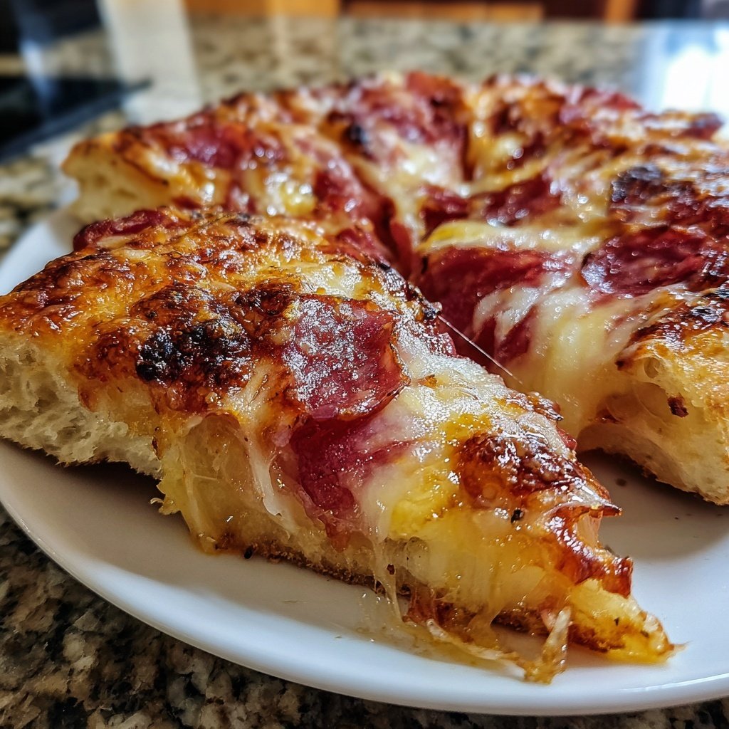 Pizza-Raclette mit Tomatensauce, Mozzarella und Salami​