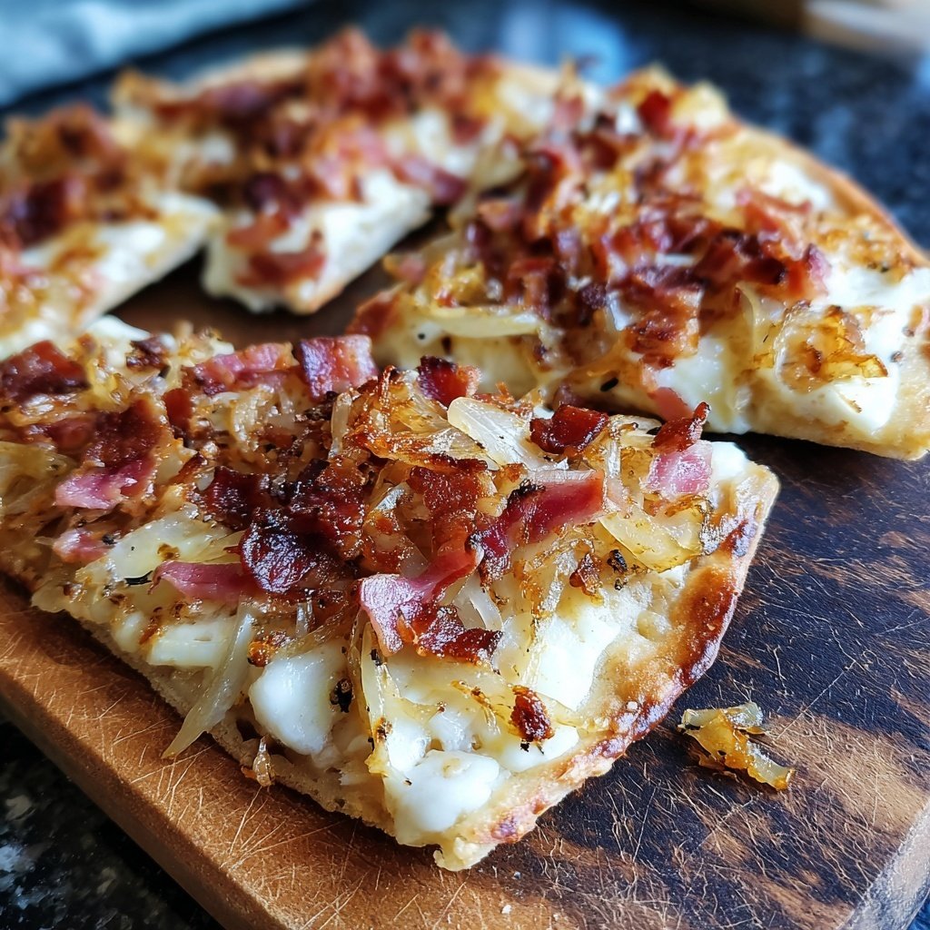Flammkuchen-Raclette mit Speck, Zwiebeln und Crème fraîche​