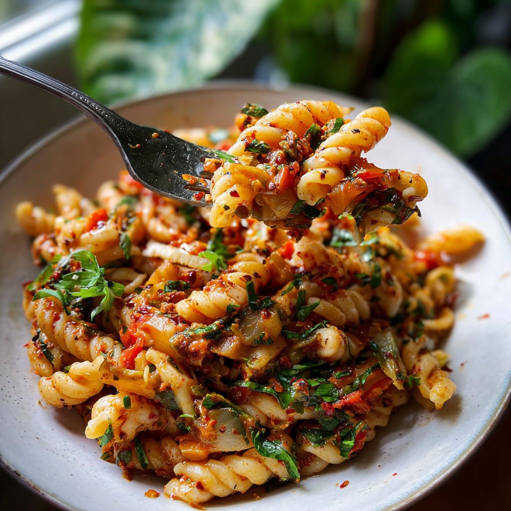 Harissa Pasta Salat Mediterran frisch