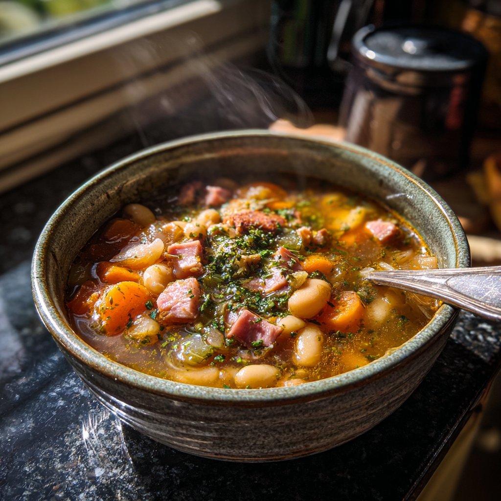 Schinken- und Bohnensuppe mit langsam gekochten Bohnen