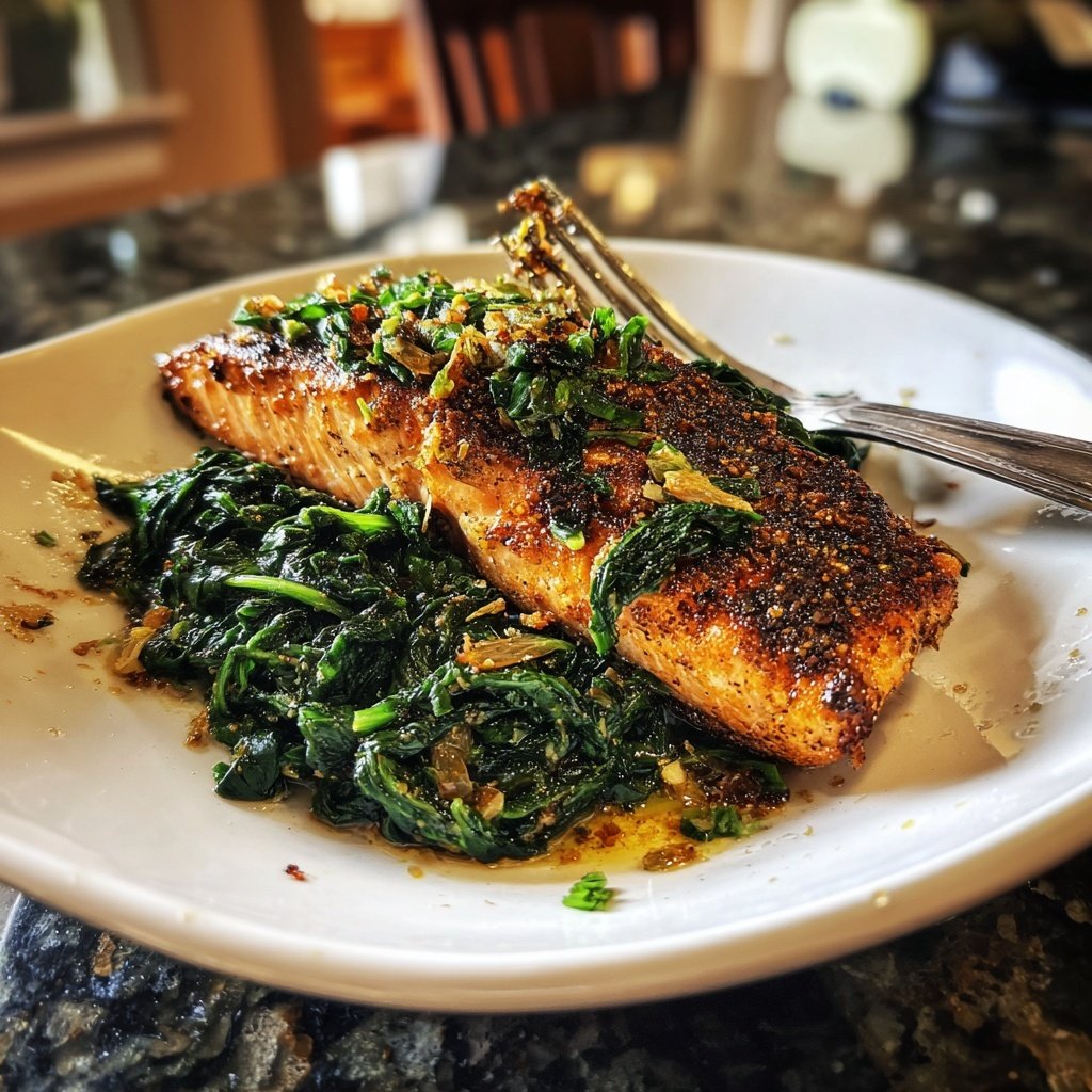 Pfanne-gebratener Lachs mit Knoblauch-Spinat