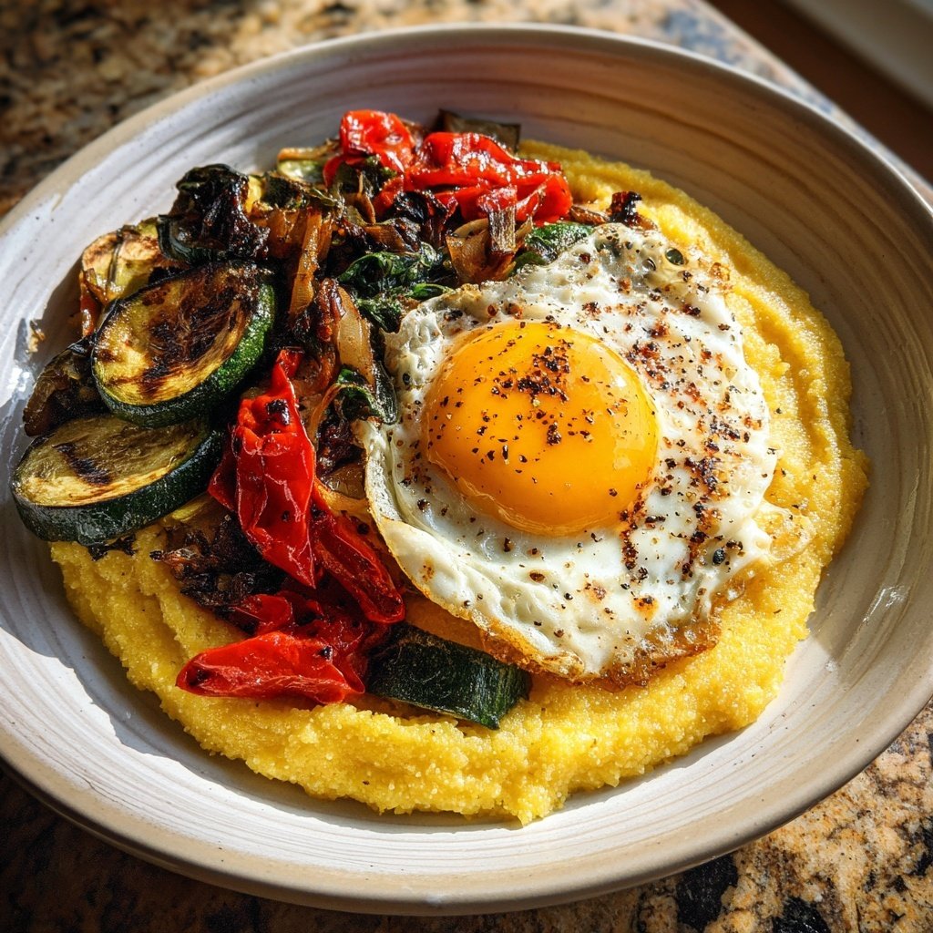 Sahneige Polenta Gebratenes Ei Gemüse
