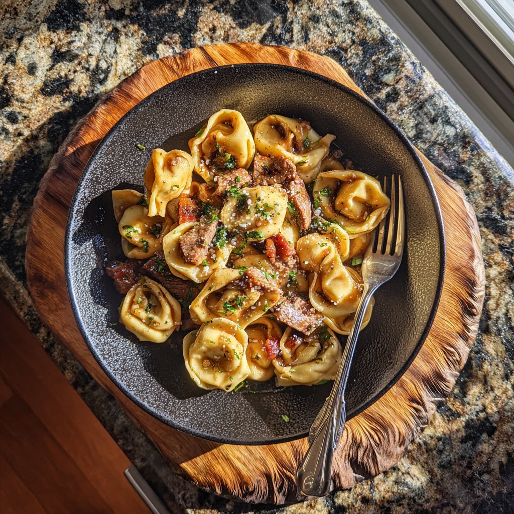 Knoblauch Steak Tortellini mit Balsamico Glaze