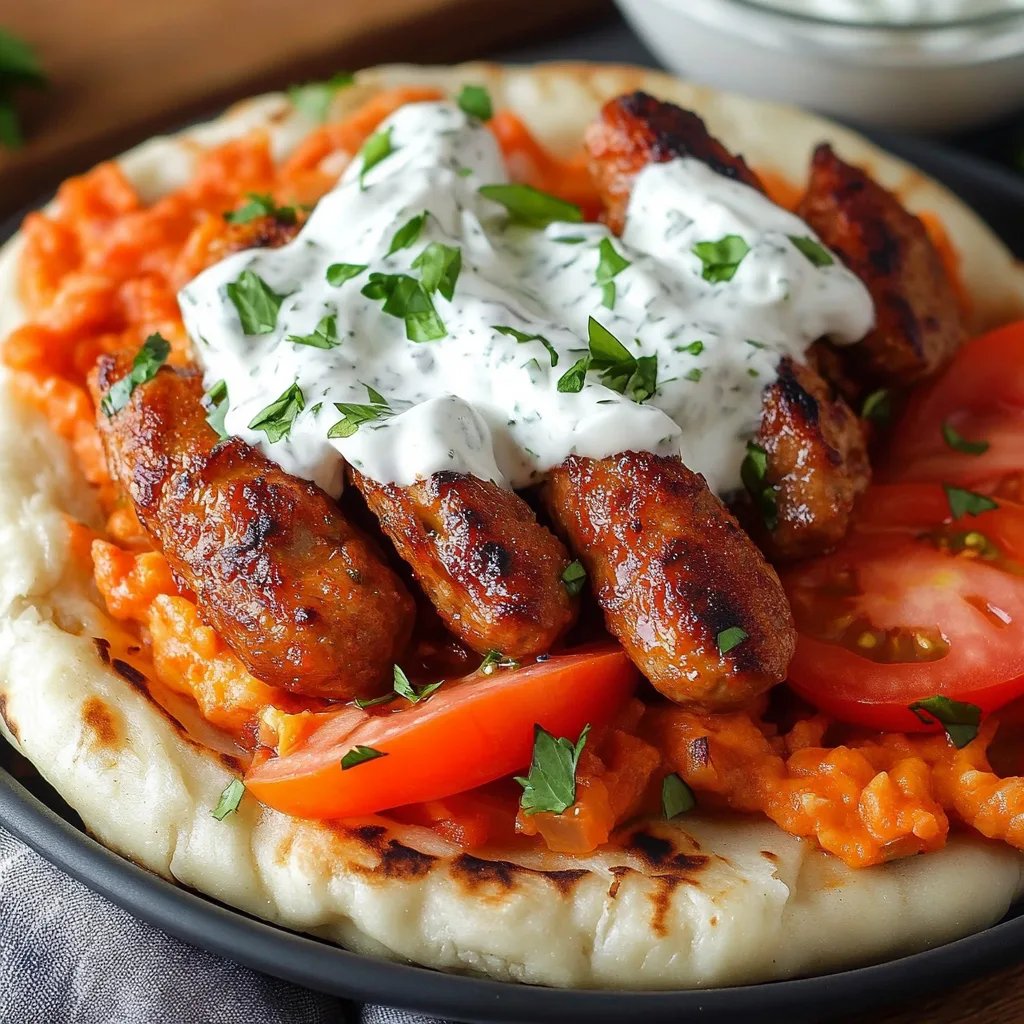 Tomaten-Kritharaki mit veganen Cevapcici und Tzatziki